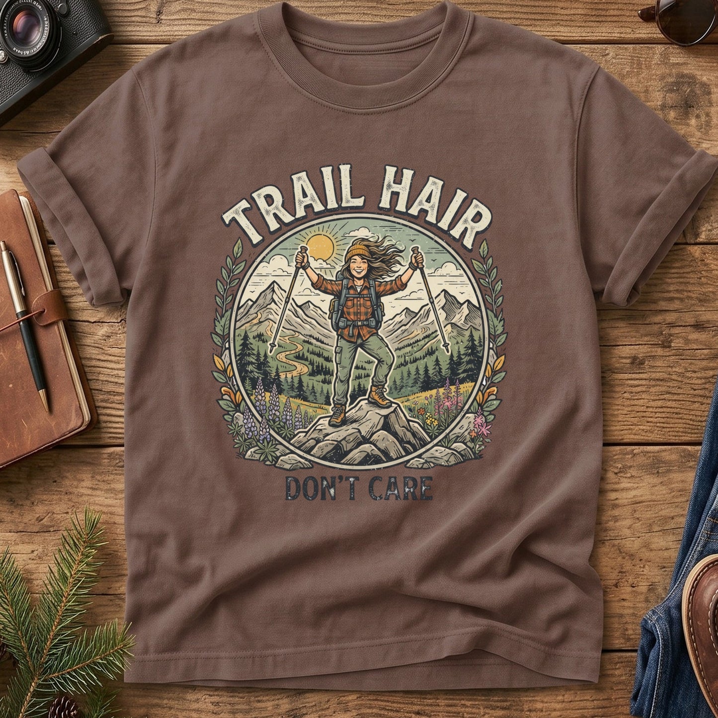 Trail Hair Tee – hiker on wildflower summit with Trail Hair Don't Care graphic on Comfort Colors 1717 tee, flat lay
