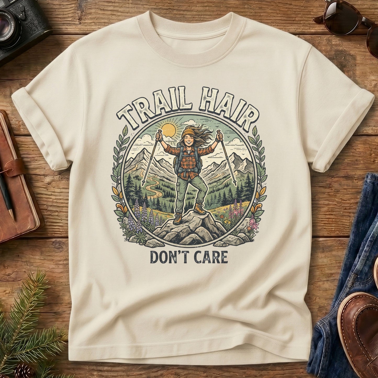 Trail Hair Tee – hiker on wildflower summit with Trail Hair Don't Care graphic on Comfort Colors 1717 tee, flat lay