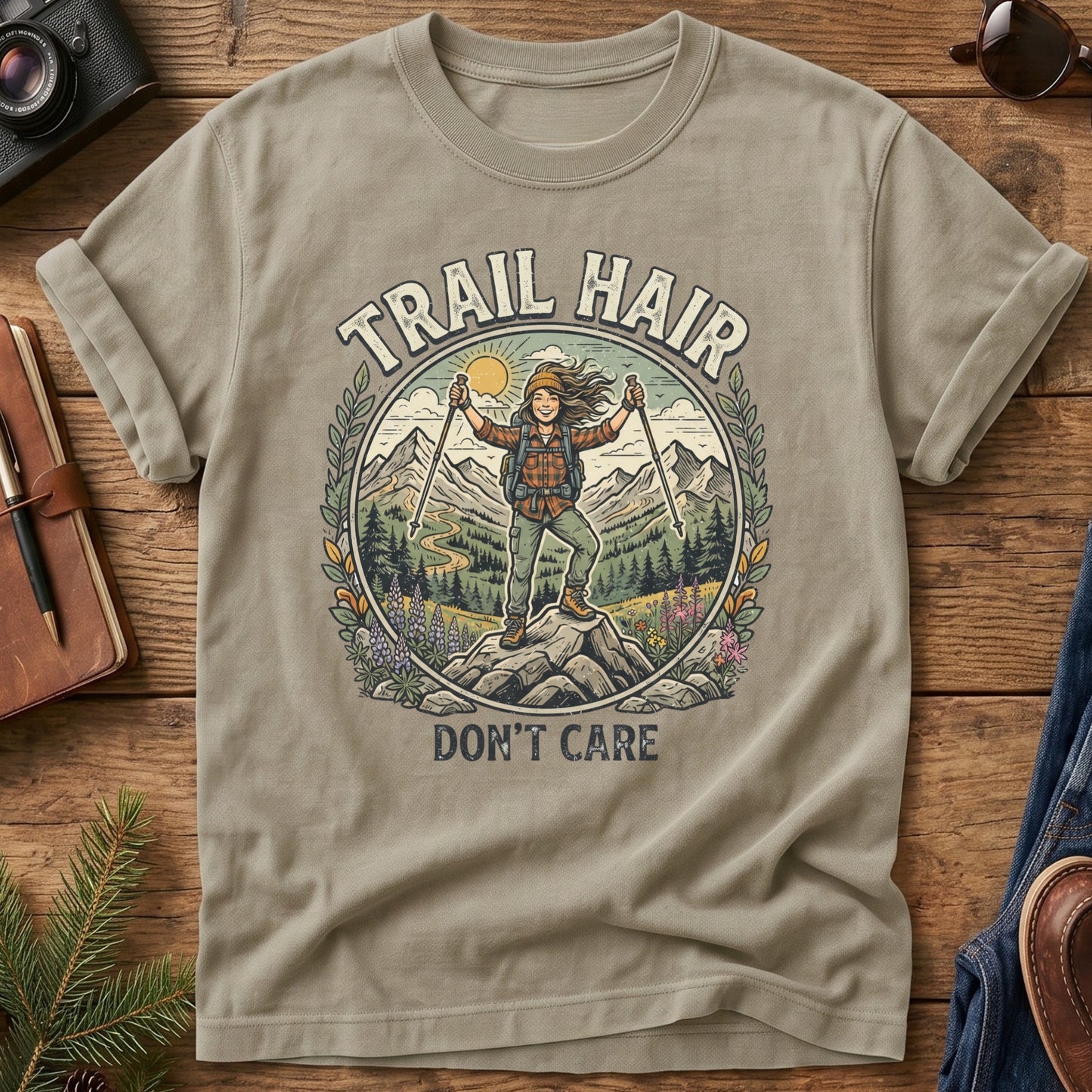 Trail Hair Tee – hiker on wildflower summit with Trail Hair Don't Care graphic on Comfort Colors 1717 tee, flat lay