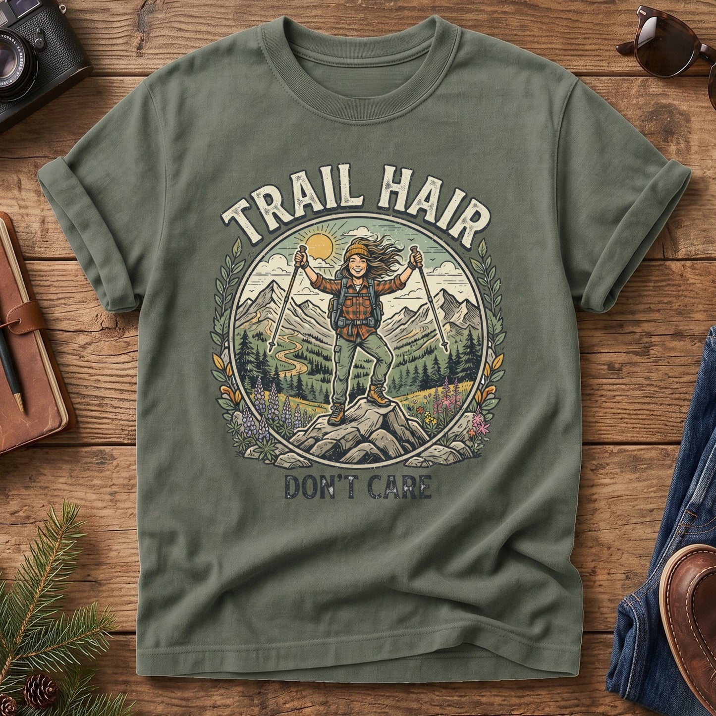 Trail Hair Tee – hiker on wildflower summit graphic close-up on Comfort Colors 1717 tee