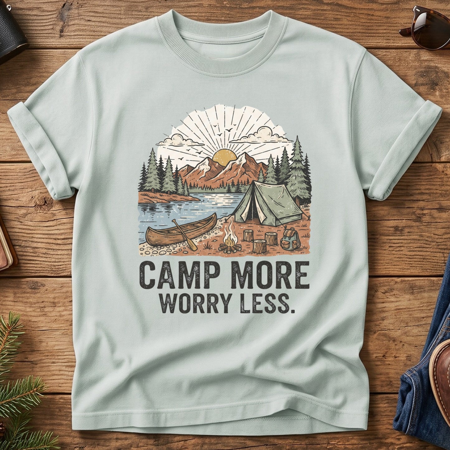 Camp More Worry Less Tee – Bay flat lay, lakeside campsite graphic