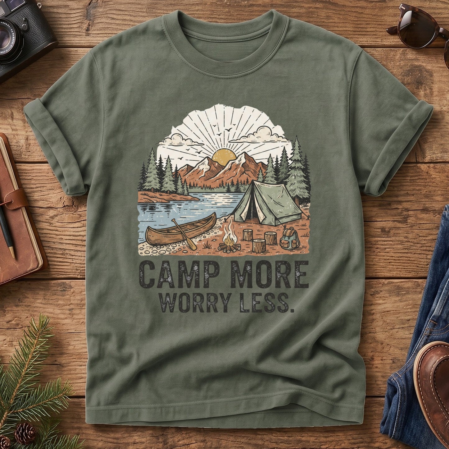 Camp More Worry Less Tee – styled flat lay, lakeside campsite graphic