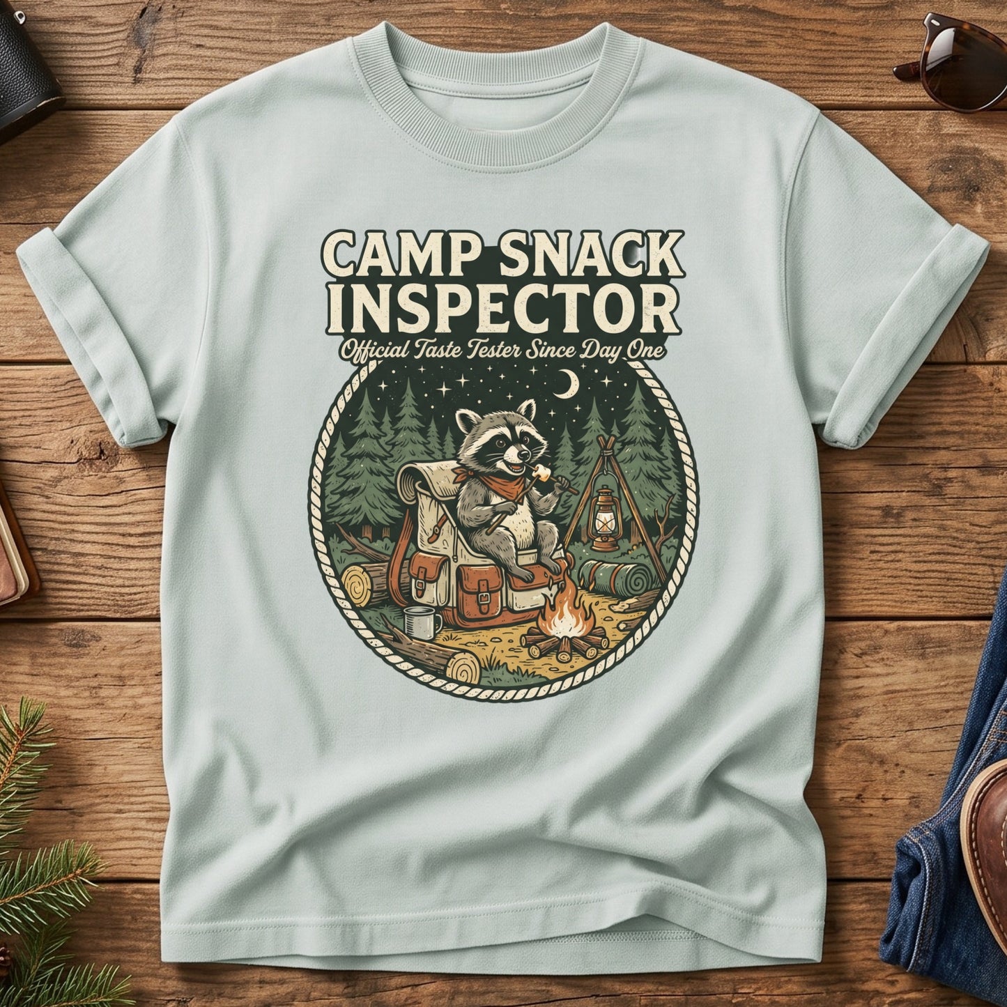 Camp Snack Inspector Tee – Bay flat lay, raccoon campfire graphic