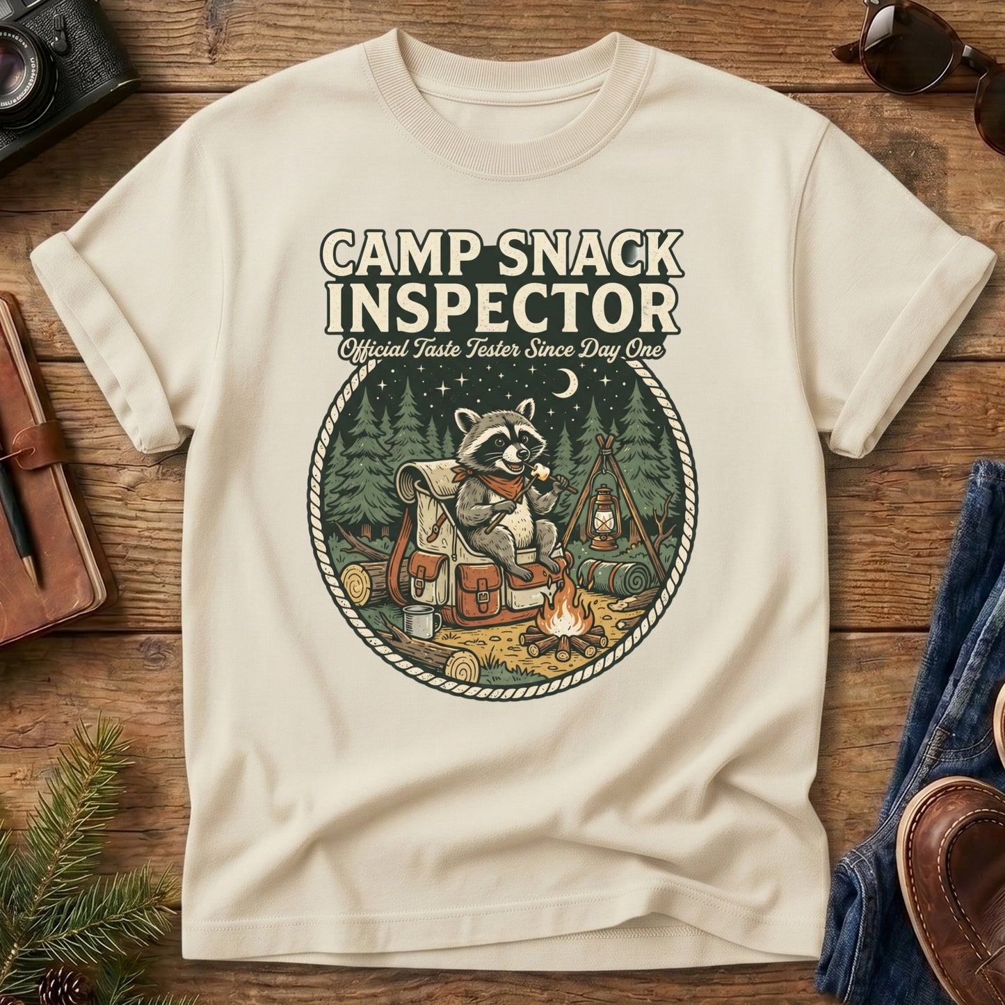 Camp Snack Inspector Tee – Ivory flat lay, raccoon campfire graphic