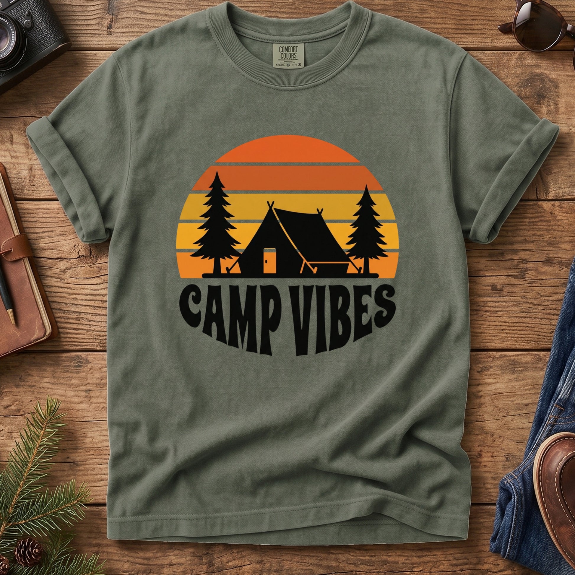 Camp Vibes Camping Tee – close-up of camp vibes artwork