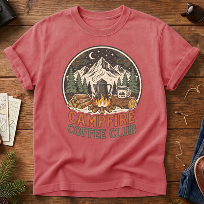 Campfire Coffee Club Tee – styled flat lay, camp coffee badge graphic