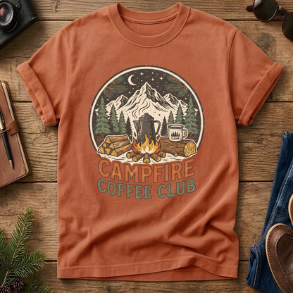 Campfire Coffee Club Tee – styled flat lay, camp coffee badge graphic