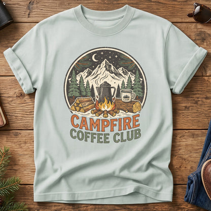Campfire Coffee Club Tee – Bay flat lay, camp coffee badge graphic