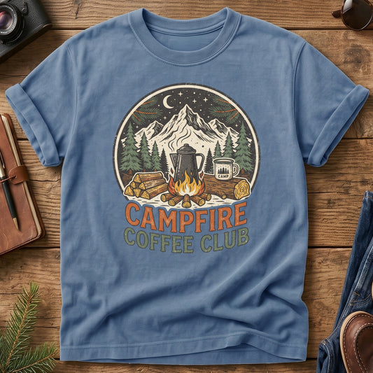 Campfire Coffee Club Tee – Blue Jean flat lay, camp coffee badge graphic