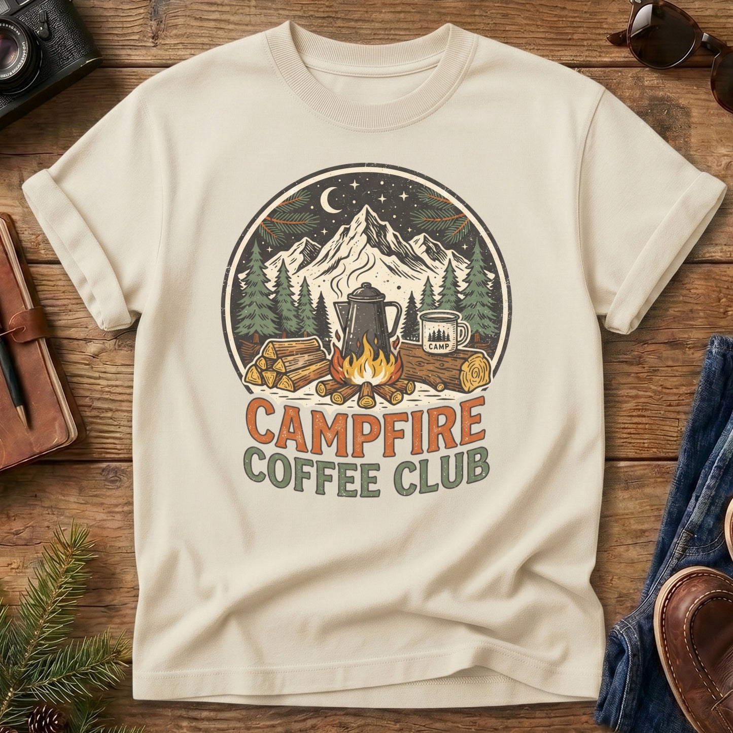 Campfire Coffee Club Tee – Ivory flat lay, camp coffee badge graphic