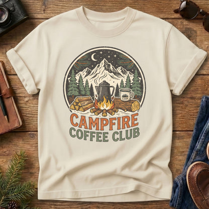 Campfire Coffee Club Tee – Ivory flat lay, camp coffee badge graphic