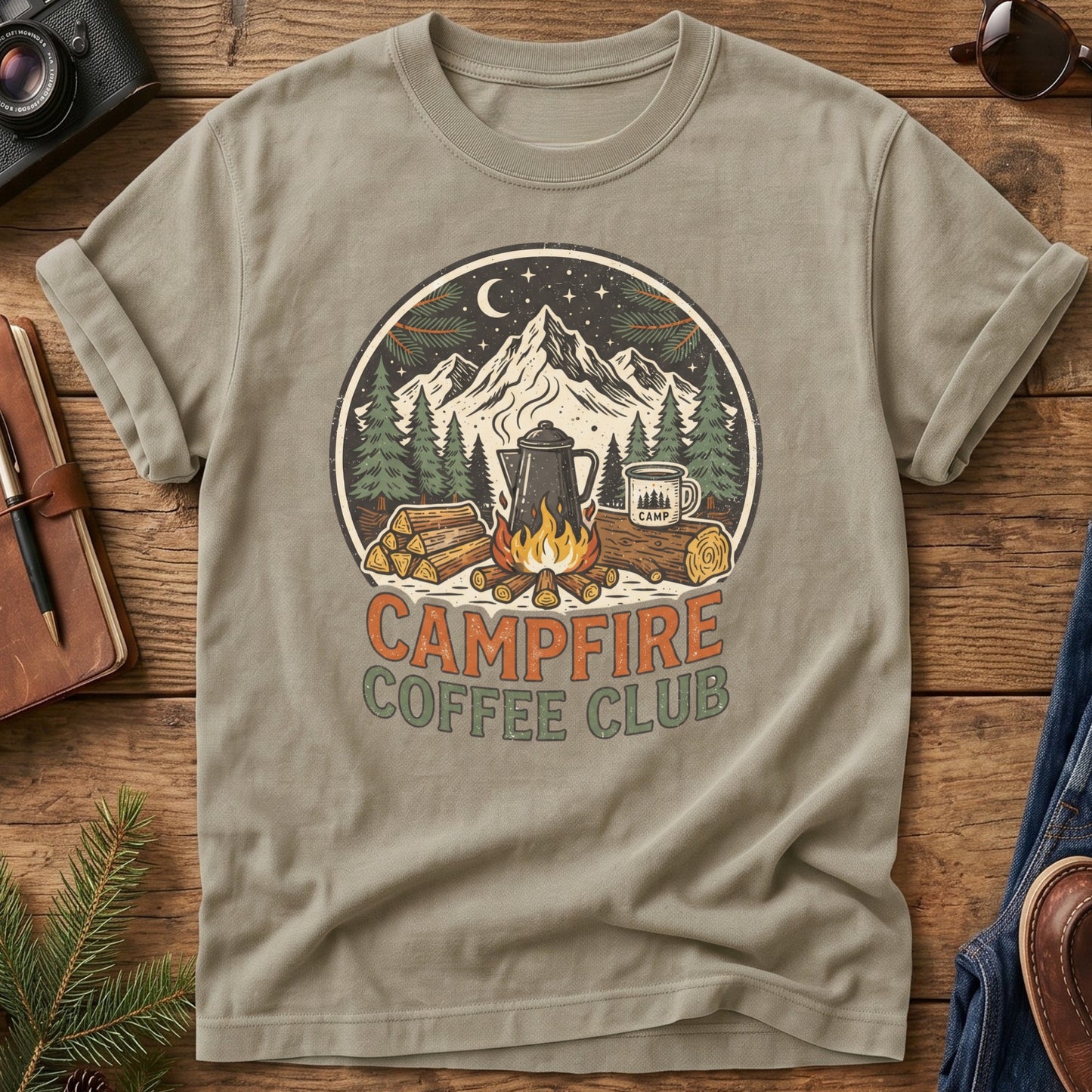 Campfire Coffee Club Tee – styled flat lay, camp coffee badge graphic