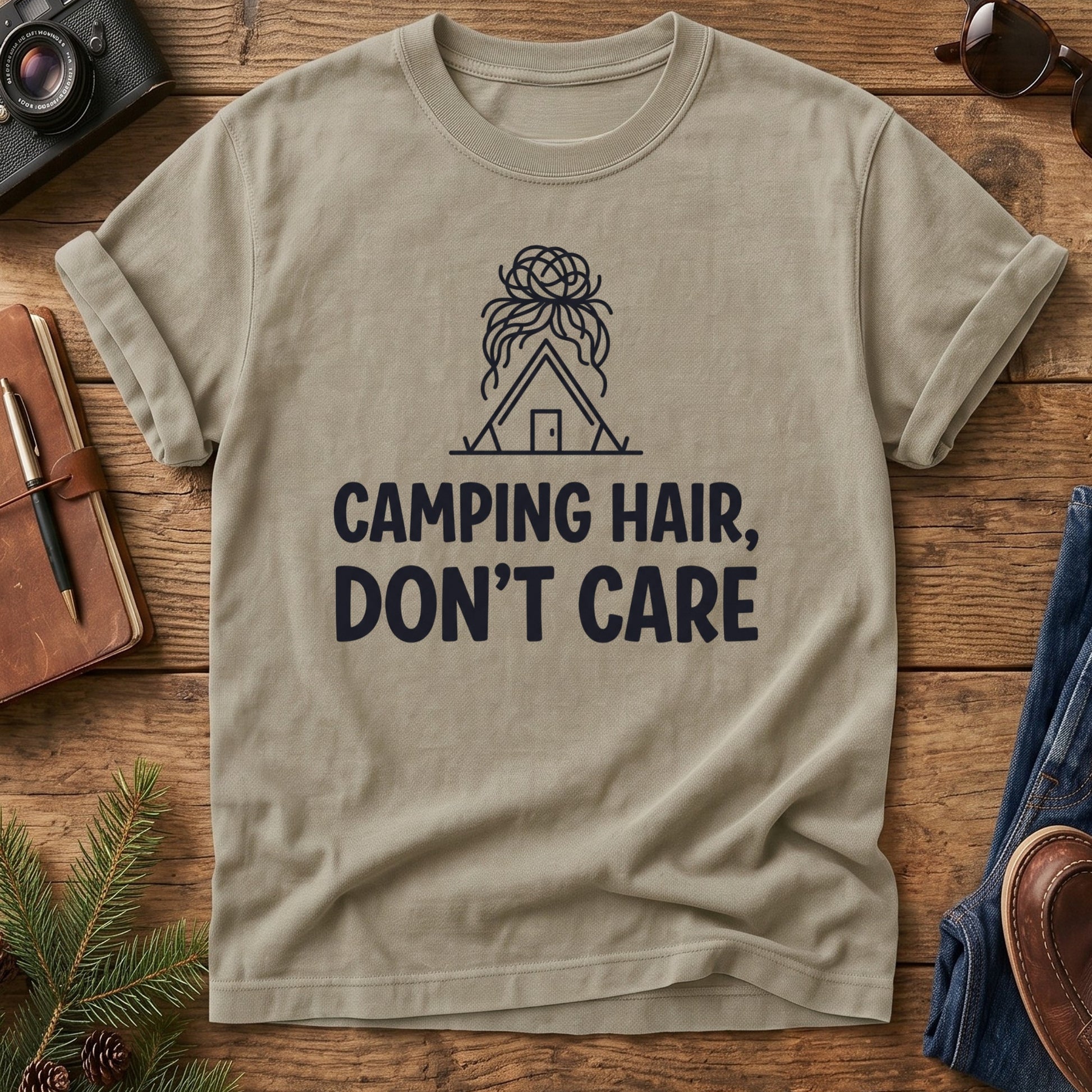 Camping Hair Don't Care Tee – folded flat lay of Softstyle fabric