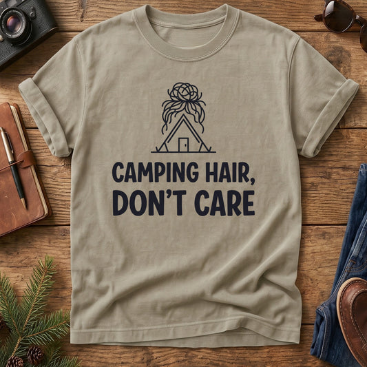 Camping Hair Don't Care Tee – folded flat lay of Softstyle fabric