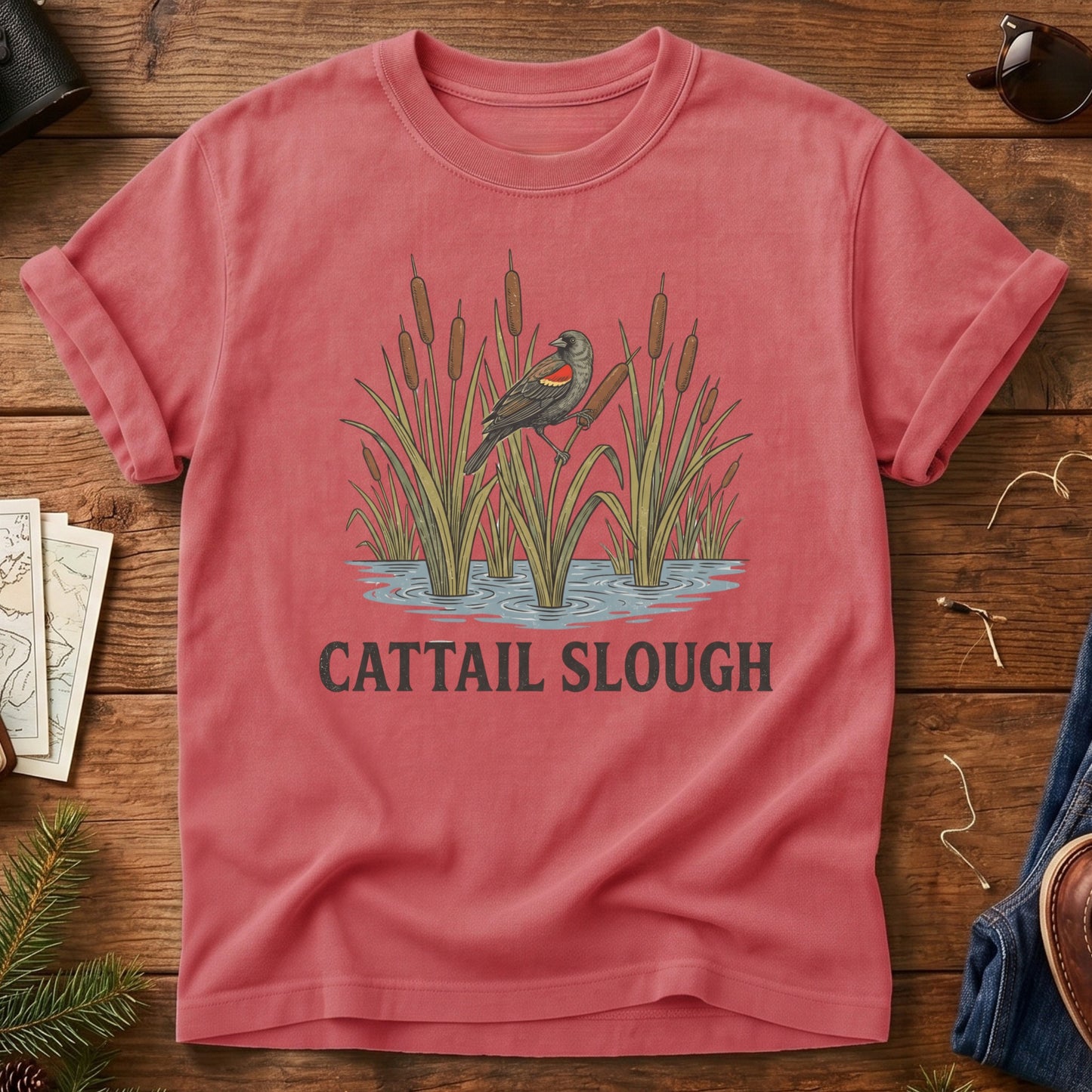 Cattail Slough Tee – red-winged blackbird cattail marsh graphic tee, product photo 5