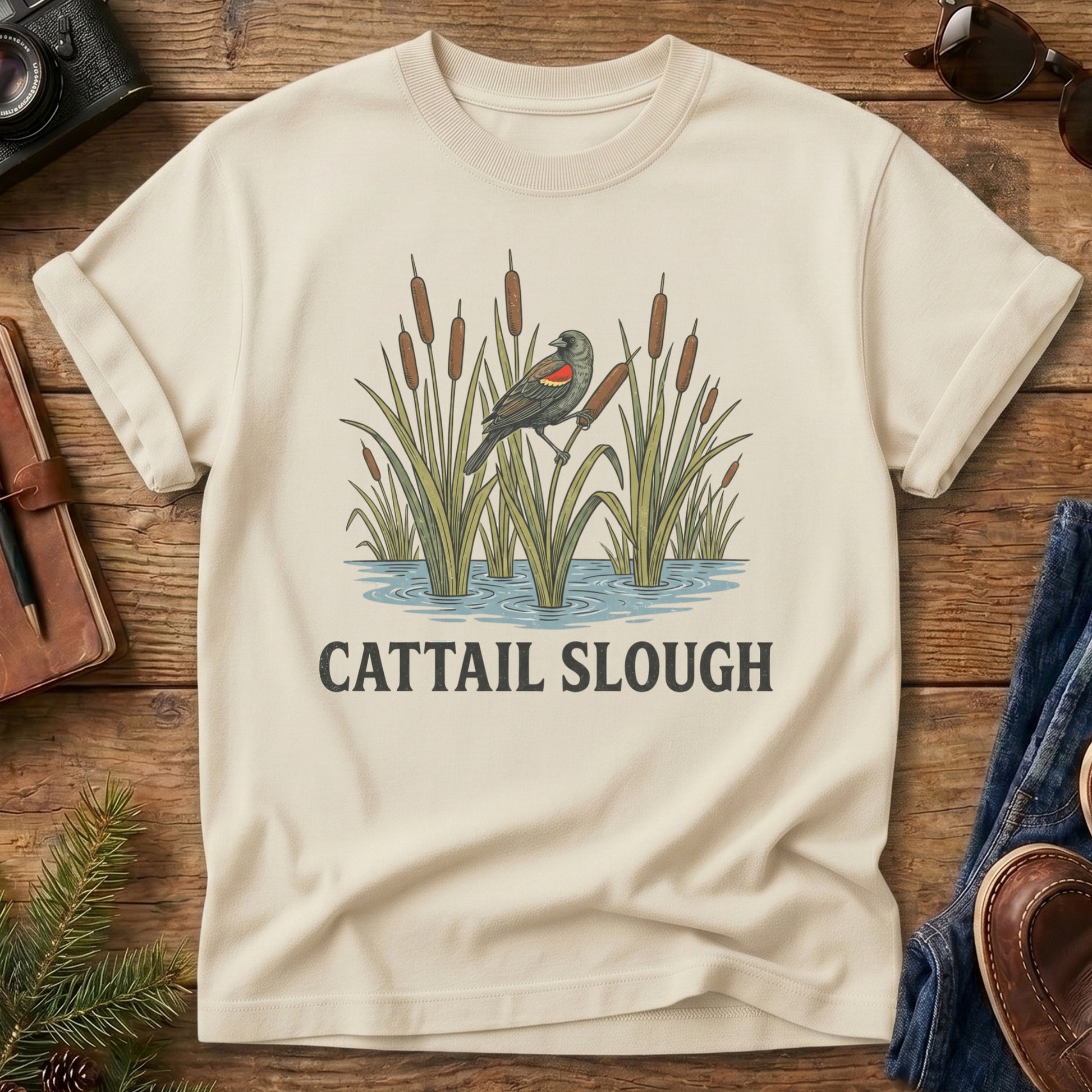 Cattail Slough Tee – red-winged blackbird cattail marsh graphic tee, product photo 2