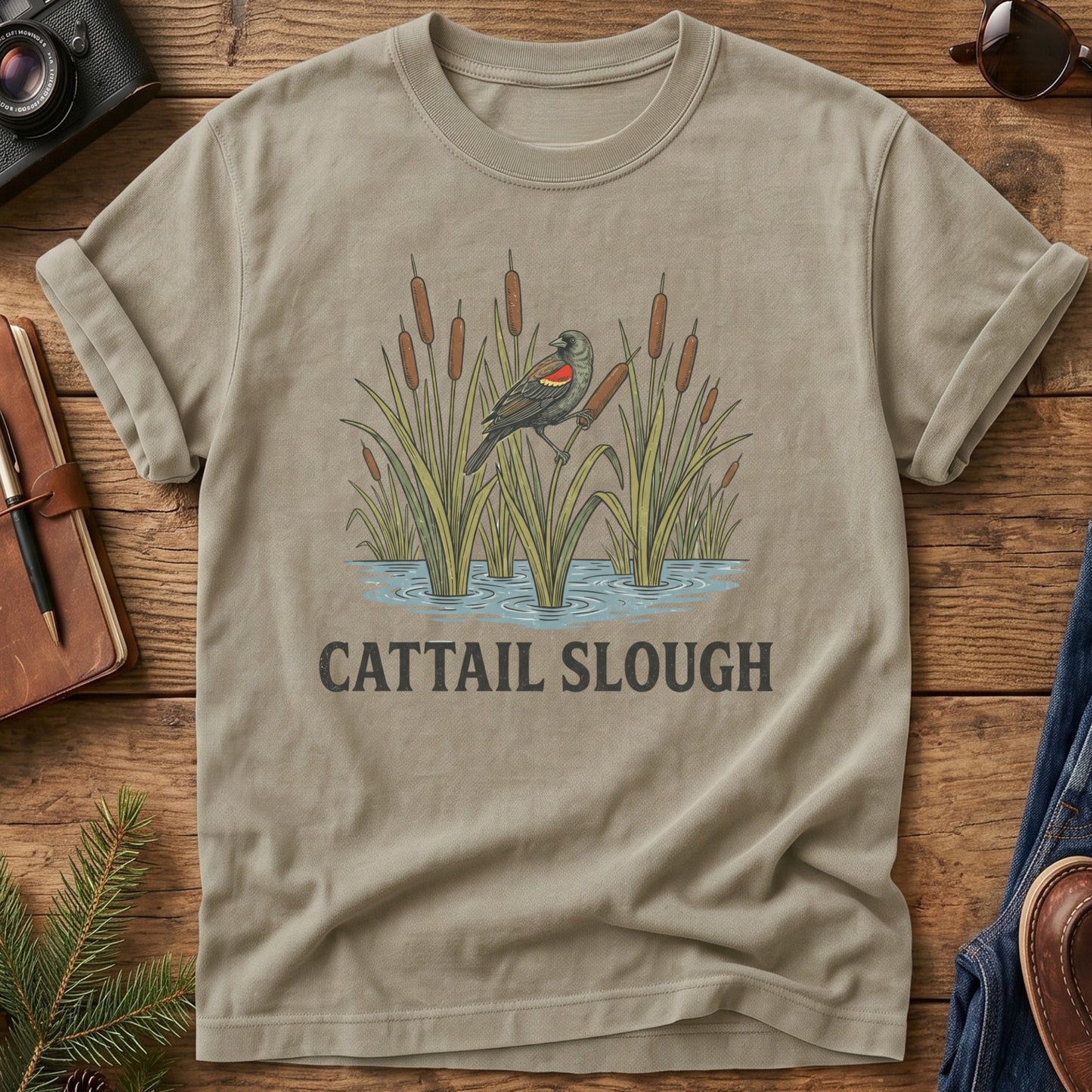 Cattail Slough Tee – red-winged blackbird cattail marsh graphic tee, product photo 3