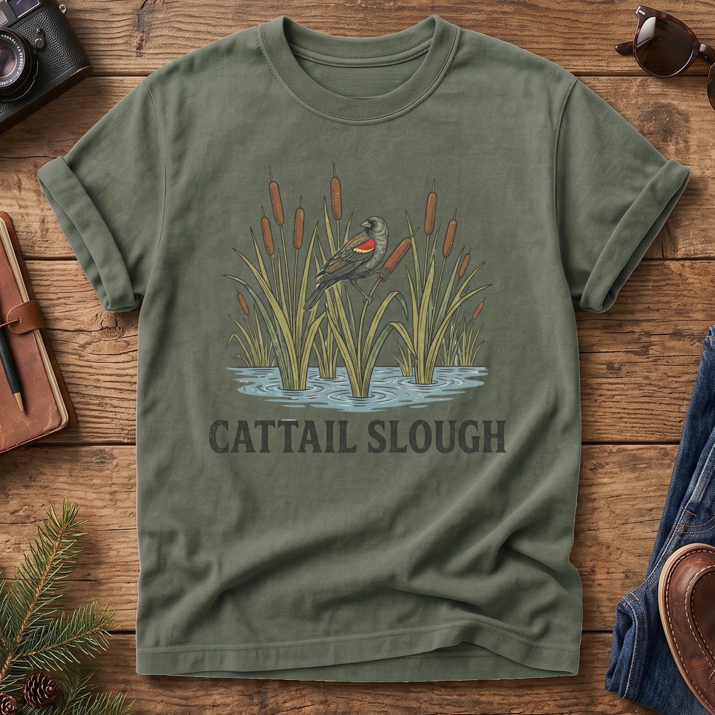 Cattail Slough Tee – red-winged blackbird cattail marsh graphic tee, product photo 4