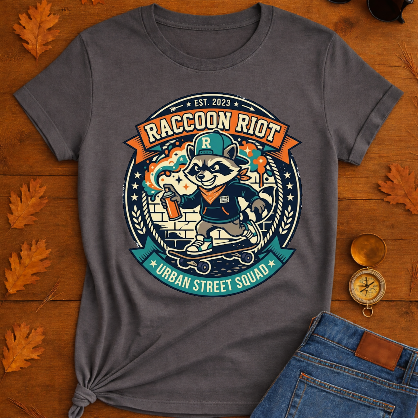 Raccoon Skate Crew T-Shirt — "R" Streetwear Badge Graphic