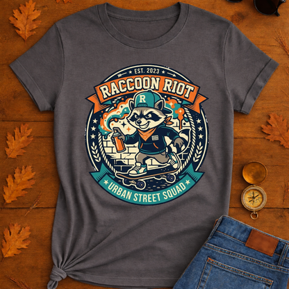 Raccoon Skate Crew T-Shirt — "R" Streetwear Badge Graphic