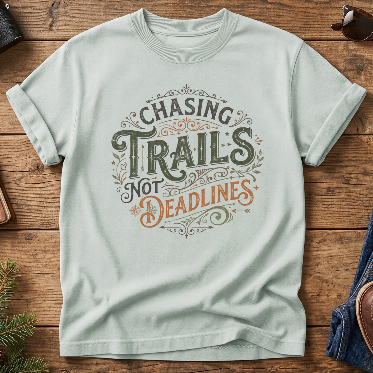Chasing Trails Not Deadlines Tee – ornate vintage lettering graphic on Comfort Colors 1717 tee, flat lay