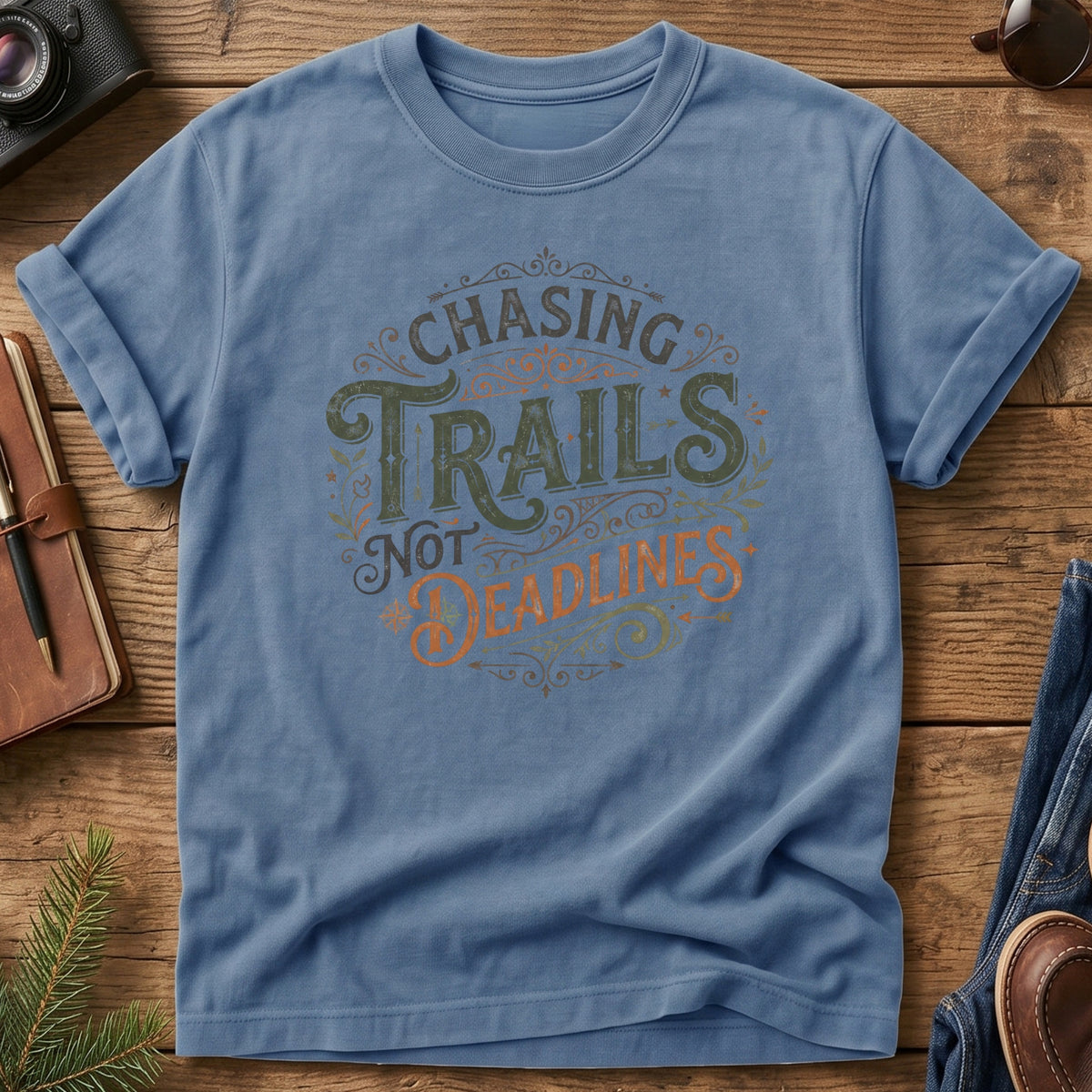 Chasing Trails Not Deadlines Tee – ornate vintage lettering graphic on Comfort Colors 1717 tee, flat lay