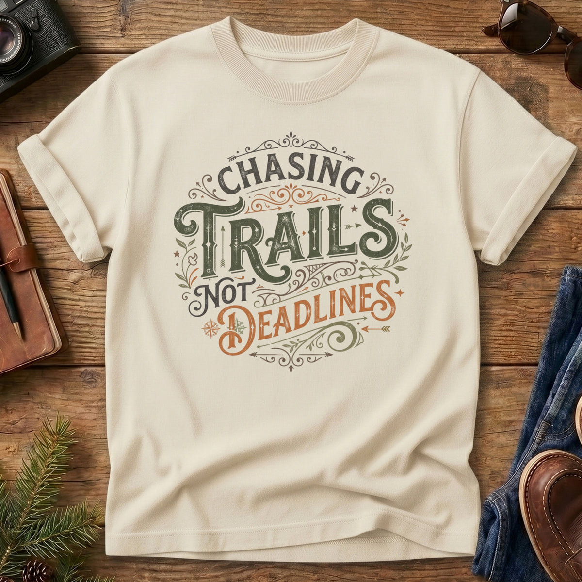 Chasing Trails Not Deadlines Tee – ornate vintage lettering graphic close-up on Comfort Colors 1717 tee