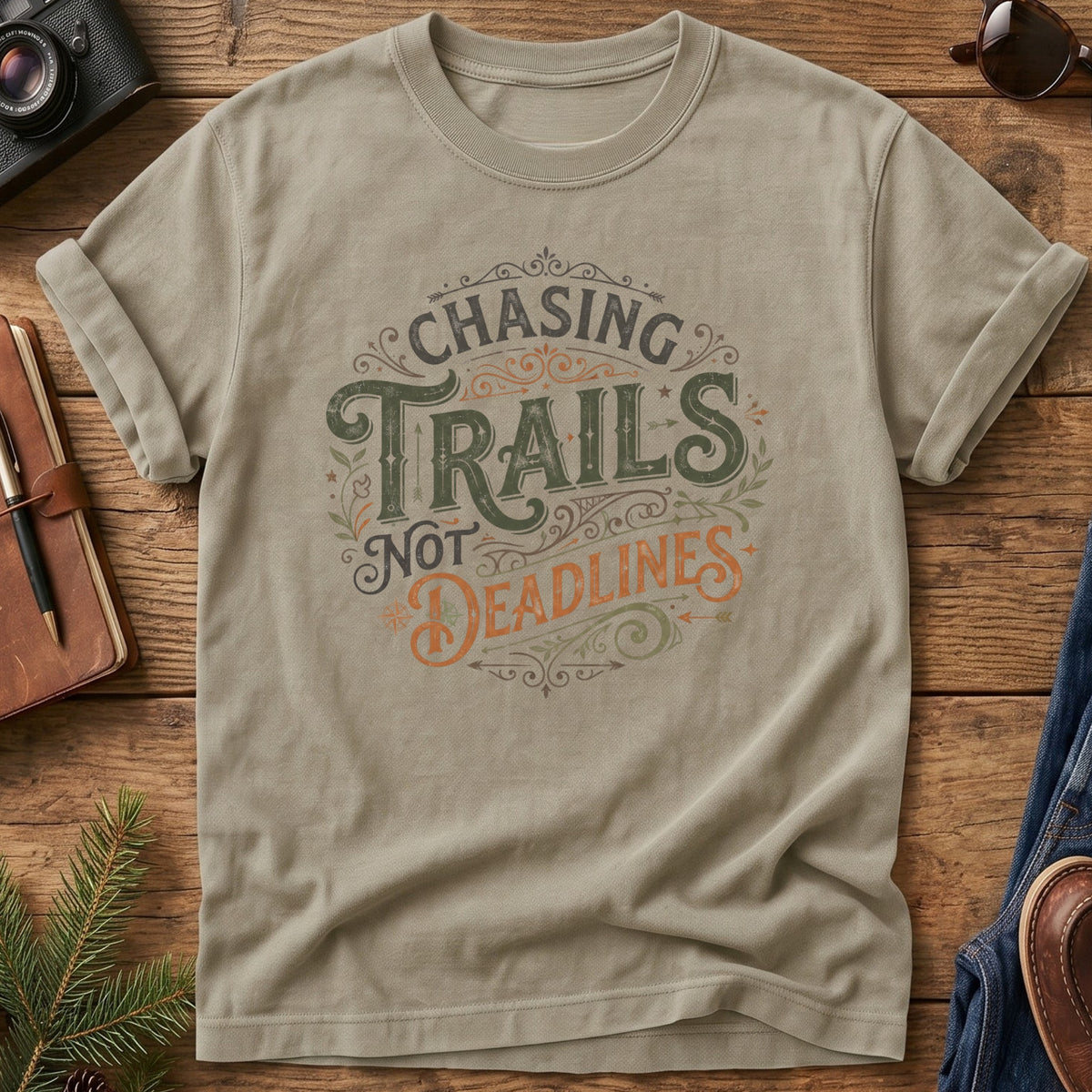 Chasing Trails Not Deadlines Tee – ornate vintage lettering graphic on Comfort Colors 1717 tee, flat lay