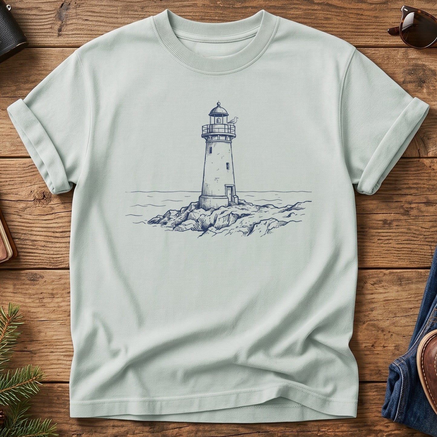 Coastal Lighthouse Tee in Bay — fine-line lighthouse and coastline illustration