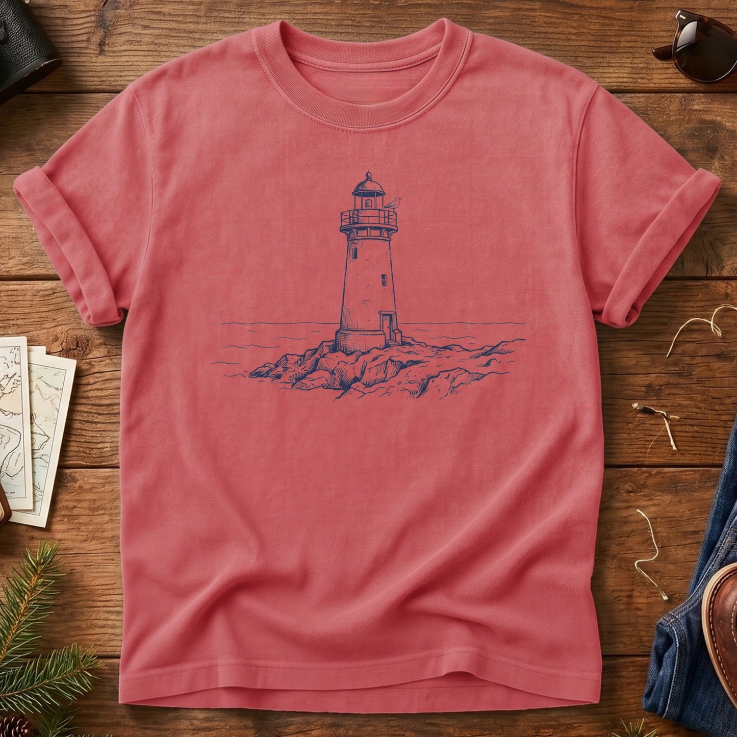 Coastal Lighthouse Tee in Watermelon — fine-line lighthouse and coastline illustration