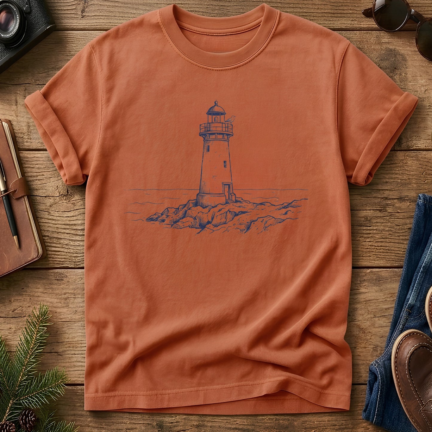 Coastal Lighthouse Tee in Yam — fine-line lighthouse and coastline illustration