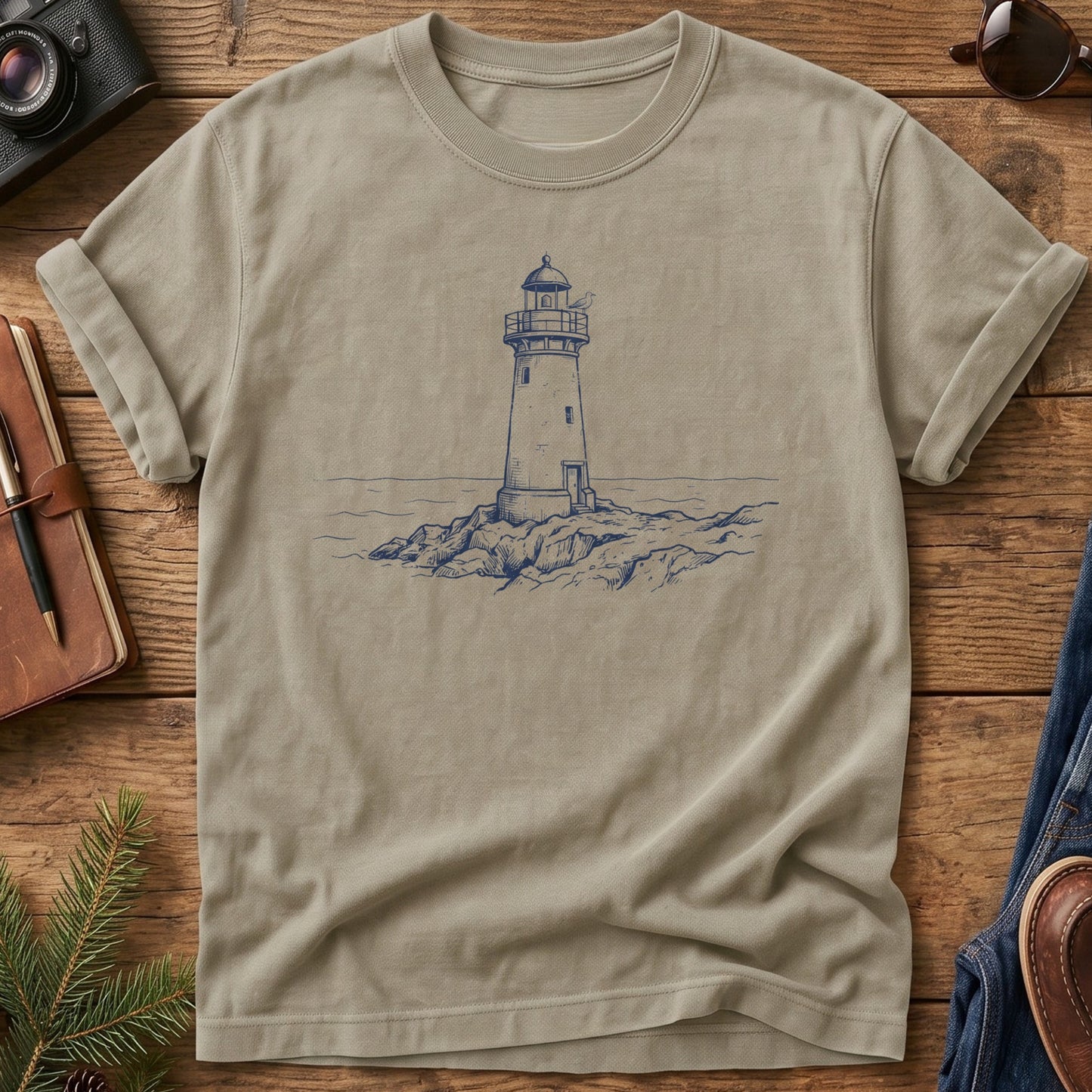Coastal Lighthouse Tee in Khaki — fine-line lighthouse and coastline illustration