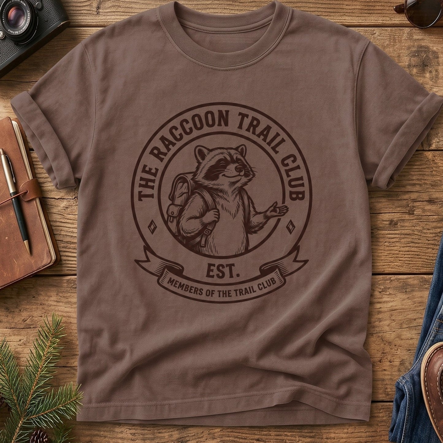 Members of the Trail Club Raccoon Hiking Tee – close-up of Raccoon Trail Club graphic print
