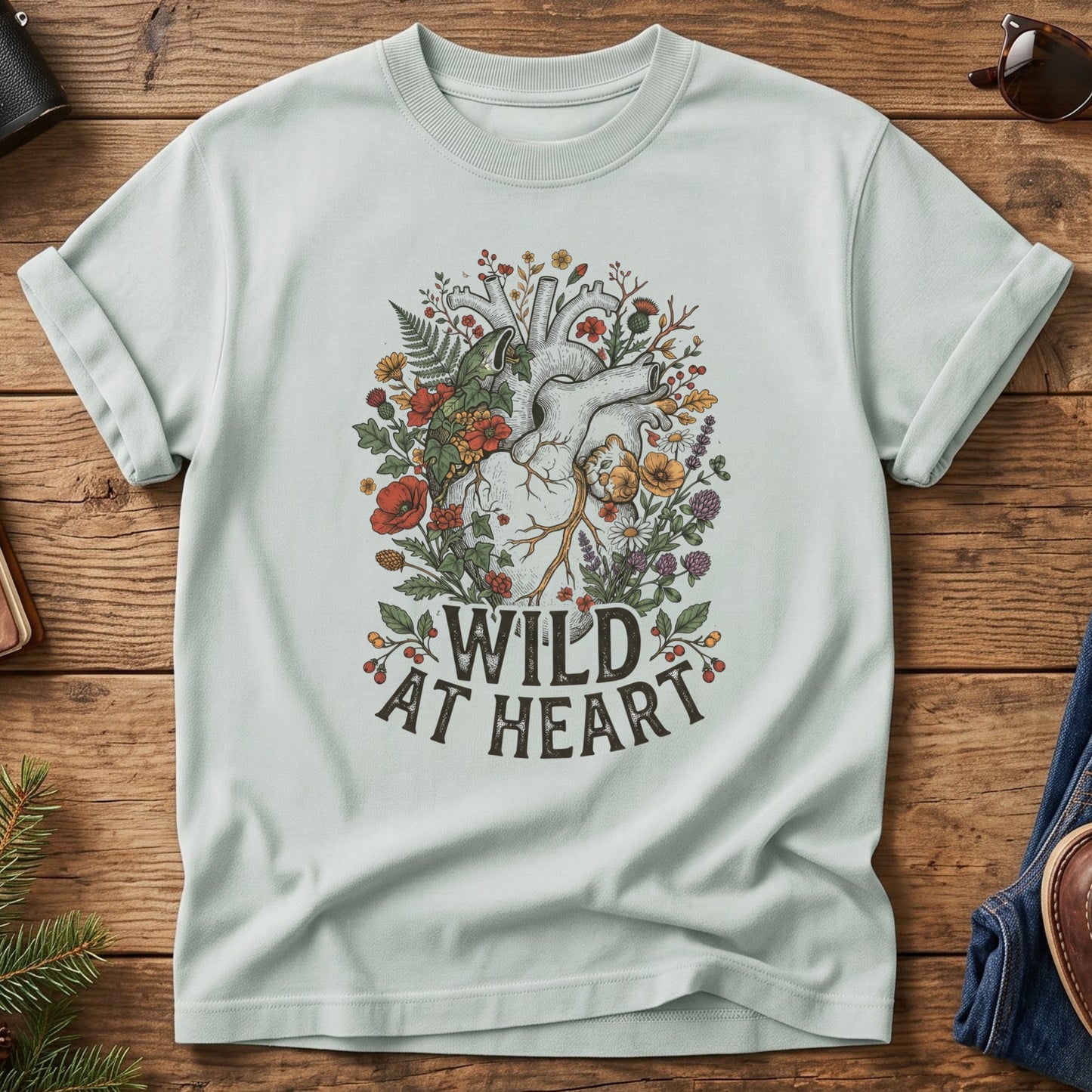 Wild at Heart Tee – anatomical heart with wildflowers graphic on Comfort Colors 1717 tee, flat lay