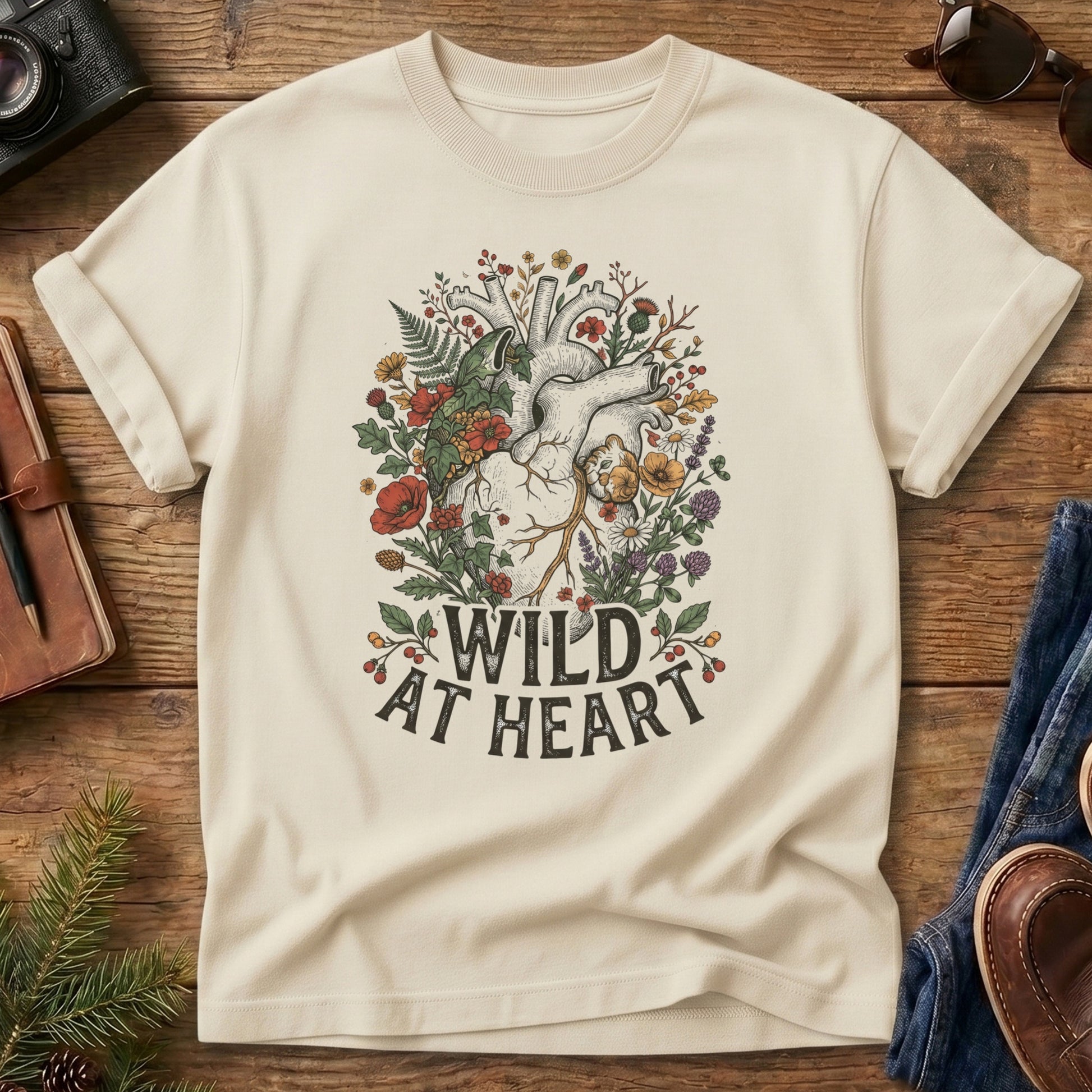 Wild at Heart Tee – Ivory flat lay, anatomical heart with wildflowers graphic