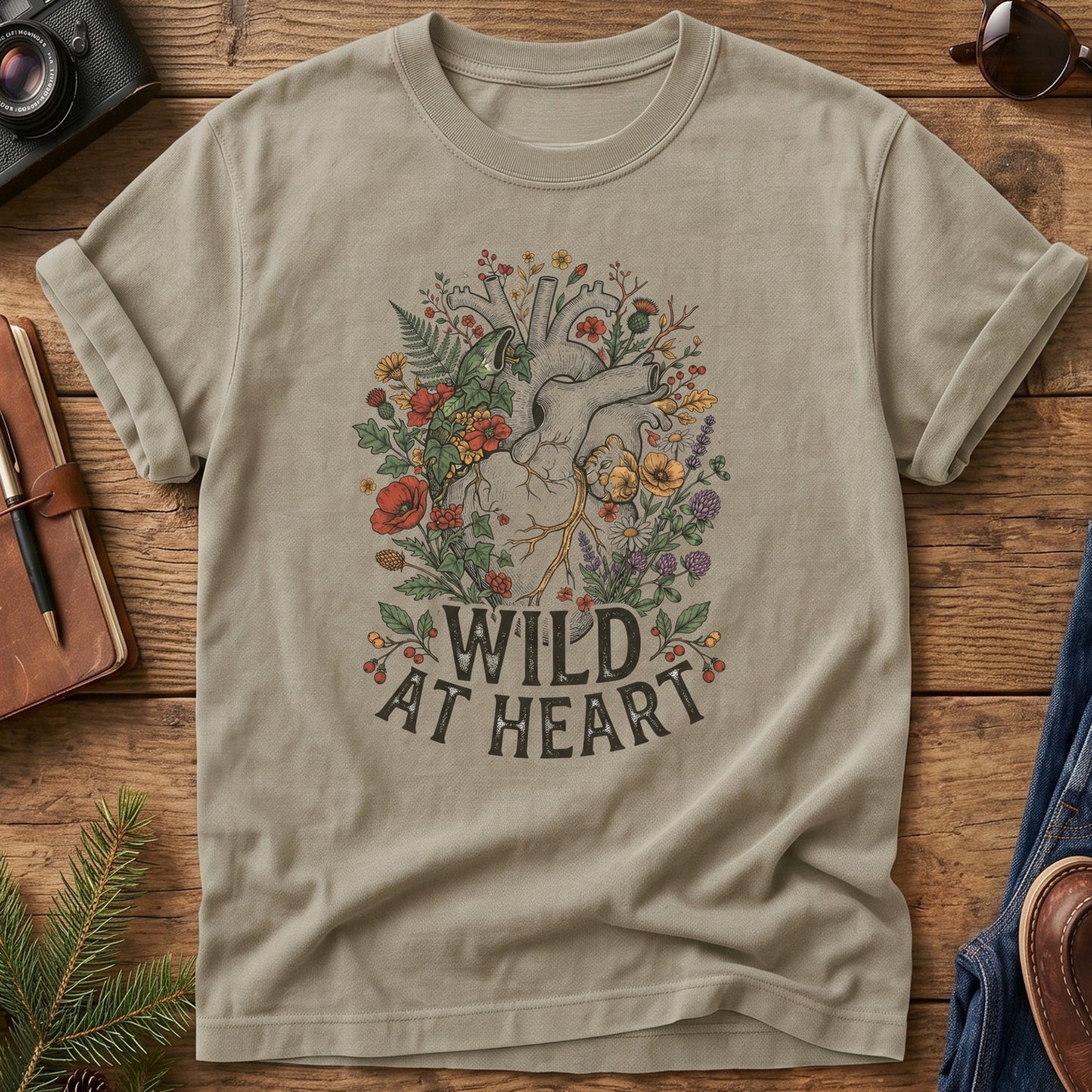 Wild at Heart Tee – anatomical heart with wildflowers graphic on Comfort Colors 1717 tee, flat lay