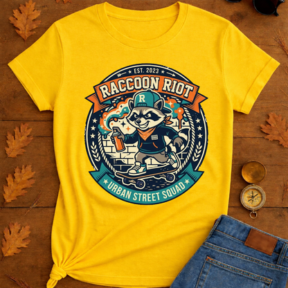 Raccoon Skate Crew T-Shirt — "R" Streetwear Badge Graphic