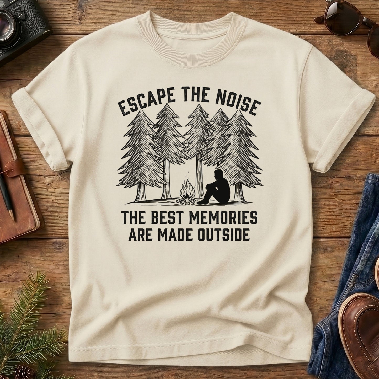Escape The Noise Tee in Ivory — campfire and pine tree graphic