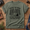 Escape The Noise Tee in Moss — campfire and pine tree graphic