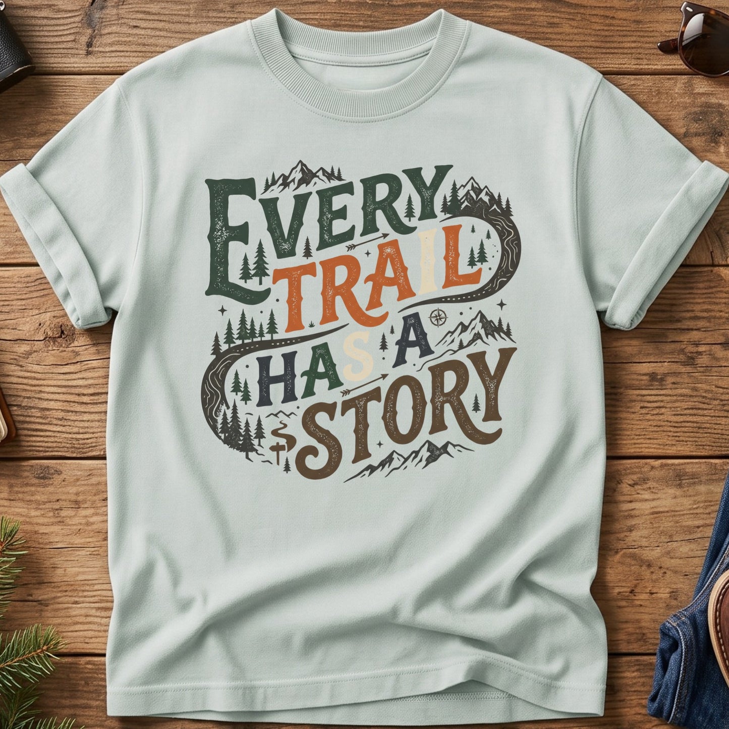 Every Trail Has a Story Tee – graphic tee design close-up