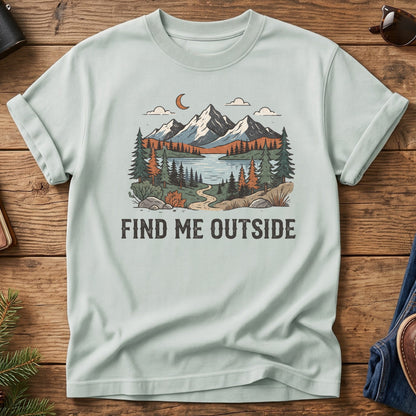 Find Me Outside Tee – moonlit mountain lake and forest trail graphic on Comfort Colors 1717 tee, flat lay