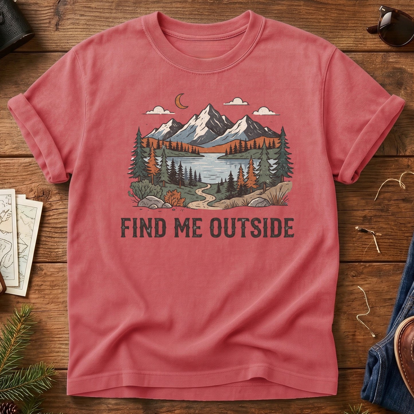 Find Me Outside Tee – moonlit mountain lake and forest trail graphic on Comfort Colors 1717 tee, flat lay