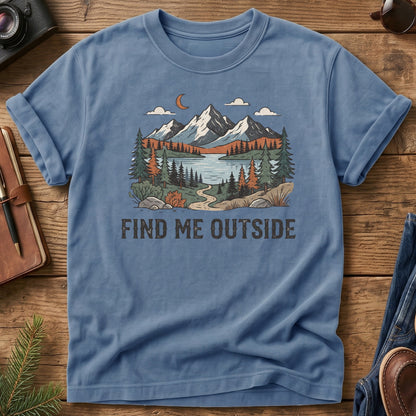 Find Me Outside Tee – moonlit mountain lake and forest trail graphic on Comfort Colors 1717 tee, flat lay