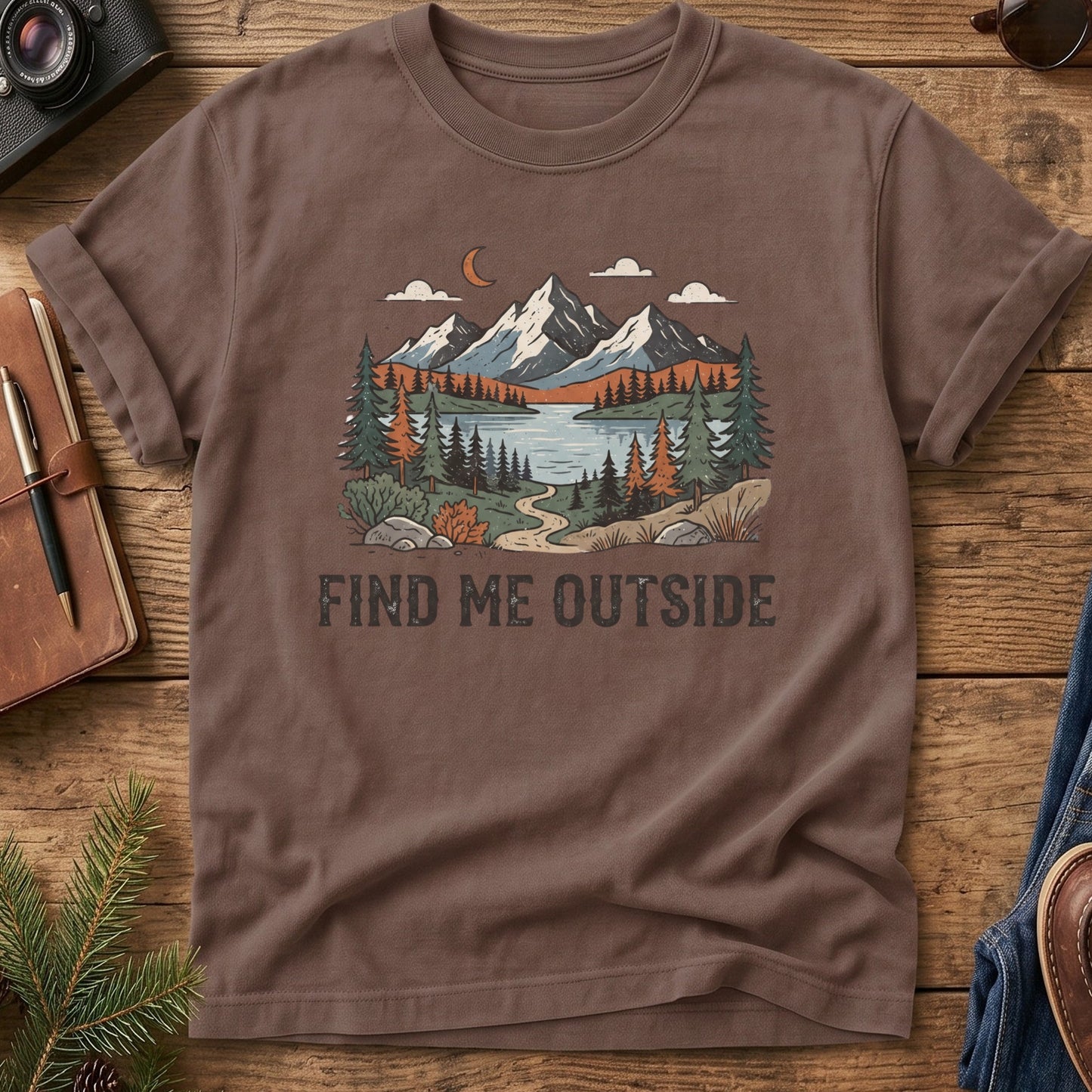Find Me Outside Tee – moonlit mountain lake and forest trail graphic on Comfort Colors 1717 tee, flat lay