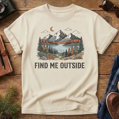 Find Me Outside Tee – moonlit mountain lake and forest trail graphic on Comfort Colors 1717 tee, flat lay