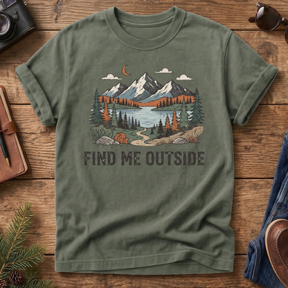 Find Me Outside Tee – moonlit mountain lake and forest trail graphic close-up on Comfort Colors 1717 tee