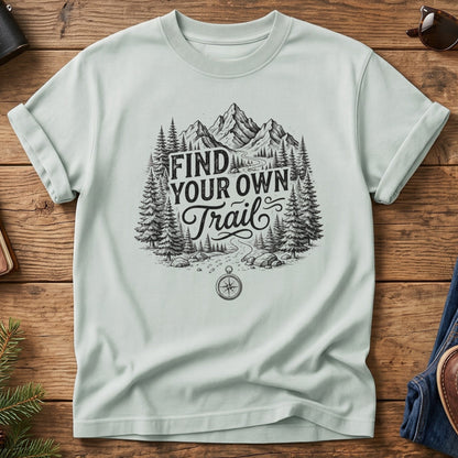 Find Your Own Trail Tee – compass and forest mountain trail graphic on Comfort Colors 1717 tee, flat lay