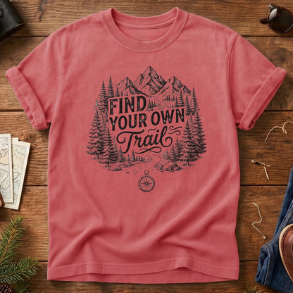 Find Your Own Trail Tee – compass and forest mountain trail graphic on Comfort Colors 1717 tee, flat lay