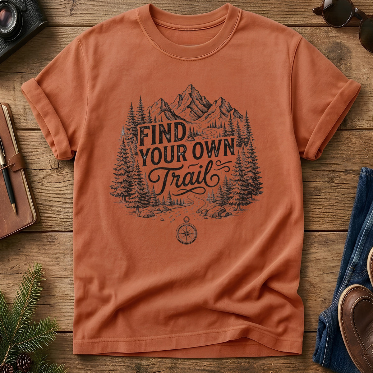 Find Your Own Trail Tee – compass and forest mountain trail graphic on Comfort Colors 1717 tee, flat lay