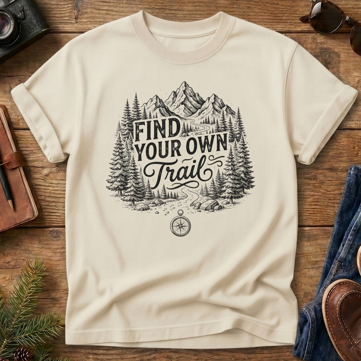 Find Your Own Trail Tee – compass and forest mountain trail graphic on Comfort Colors 1717 tee, flat lay